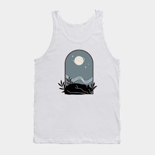 Sleepy cozy black cat with plants and night sky in vintage boho minimalist style Tank Top